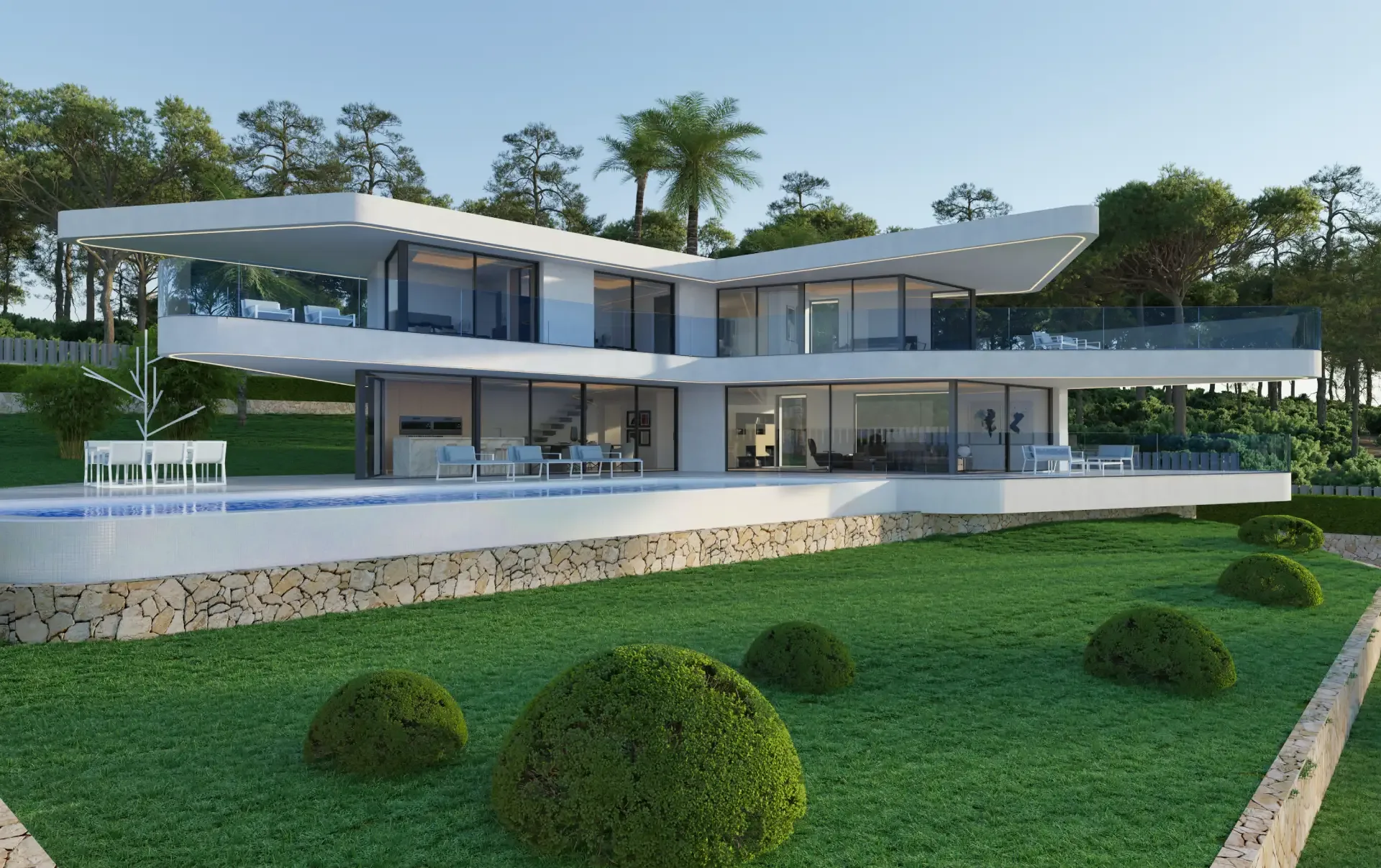 Modern white villa with a garden and a pool